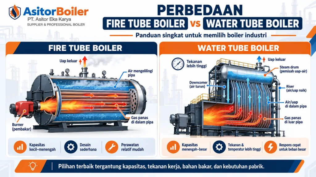 Ilustrasi perbedaan Fire Tube Boiler dan Water Tube Boiler